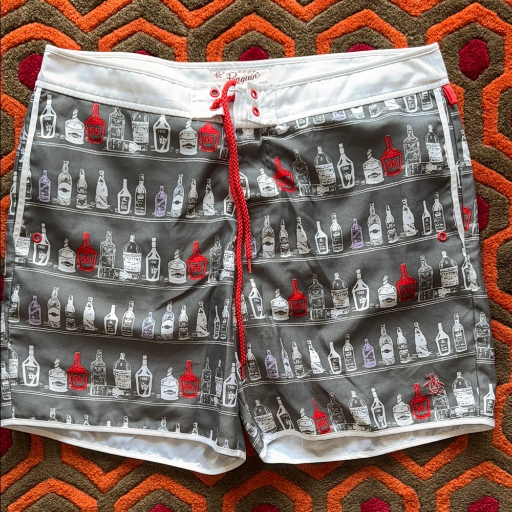 Original Penguin Gray and Red Swim Trunks swimsuit Men's 34